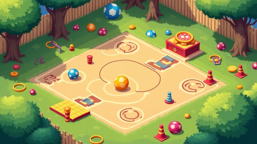 Children's playground with various outdoor games and colorful play equipment surrounded by greenery